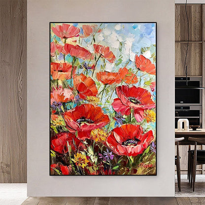 Handmade Painting Thick Oil Red Flowers Artwork Oil Paintings Living Room Canvas Modern Pictures Landscape Wall Art Home Living Room Decor No Framed