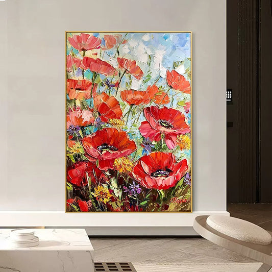 Handmade Painting Thick Oil Red Flowers Artwork Oil Paintings Living Room Canvas Modern Pictures Landscape Wall Art Home Living Room Decor No Framed