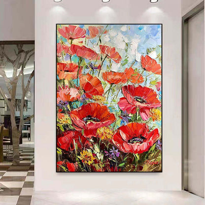Handmade Painting Thick Oil Red Flowers Artwork Oil Paintings Living Room Canvas Modern Pictures Landscape Wall Art Home Living Room Decor No Framed