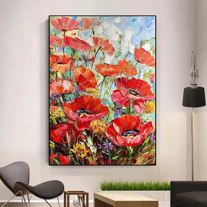 Handmade Painting Thick Oil Red Flowers Artwork Oil Paintings Living Room Canvas Modern Pictures Landscape Wall Art Home Living Room Decor No Framed